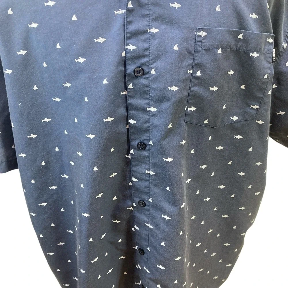 MOLOKAI SURF Men's 3XL Navy Blue Shark‎ Sailboat Short Sleeve Button Down Shirt